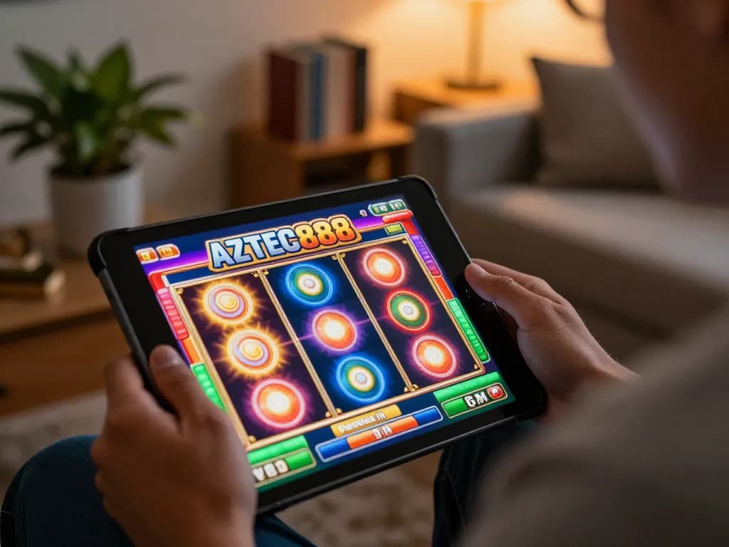 Engaged player enjoying slots on AZTEC888 tablet in a cozy living room environment