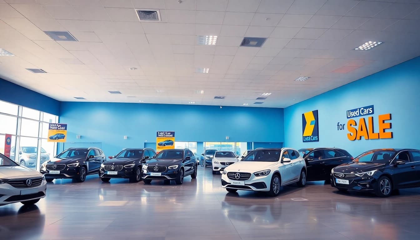 Browse used cars for sale in a modern showroom with bright lighting and a variety of vehicles.