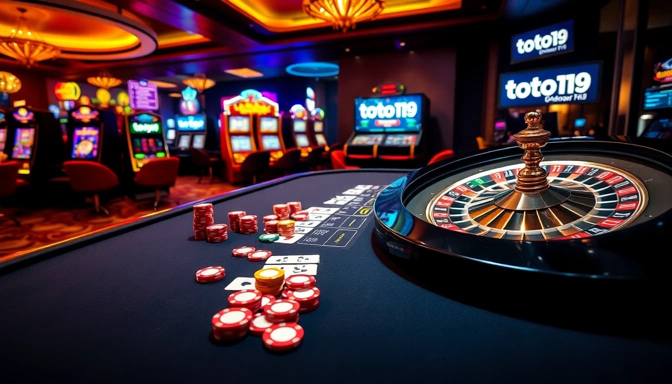 Win big at toto919 with an interactive casino scene showcasing poker chips and vibrant slot machines.