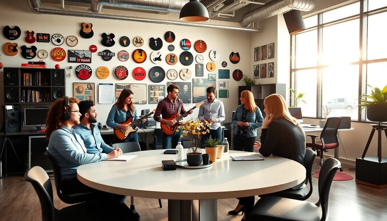 Collaborative environment of a music pr firm showcasing teamwork and creativity.