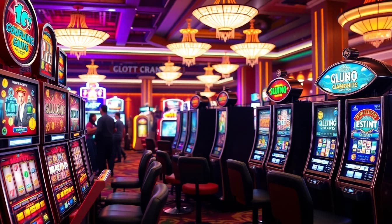 Jelajahi slot777 dalam suasana kasino yang ramai, mesin slot unik dan cerah.