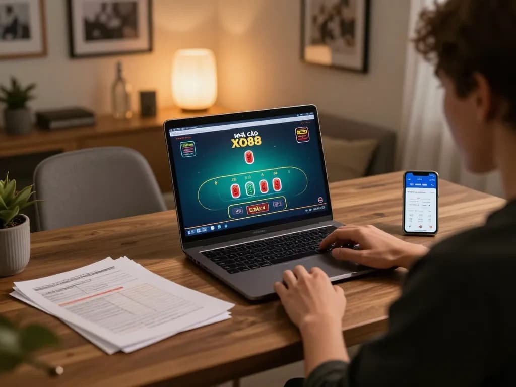 Engaged player using the NHÀ CÁI XO88 app for a strategic blackjack game in a cozy home office setting.