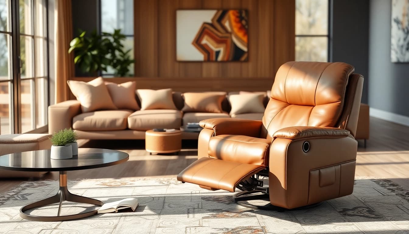Relax in a stylish leather lift recliner within a cozy modern living room setting.