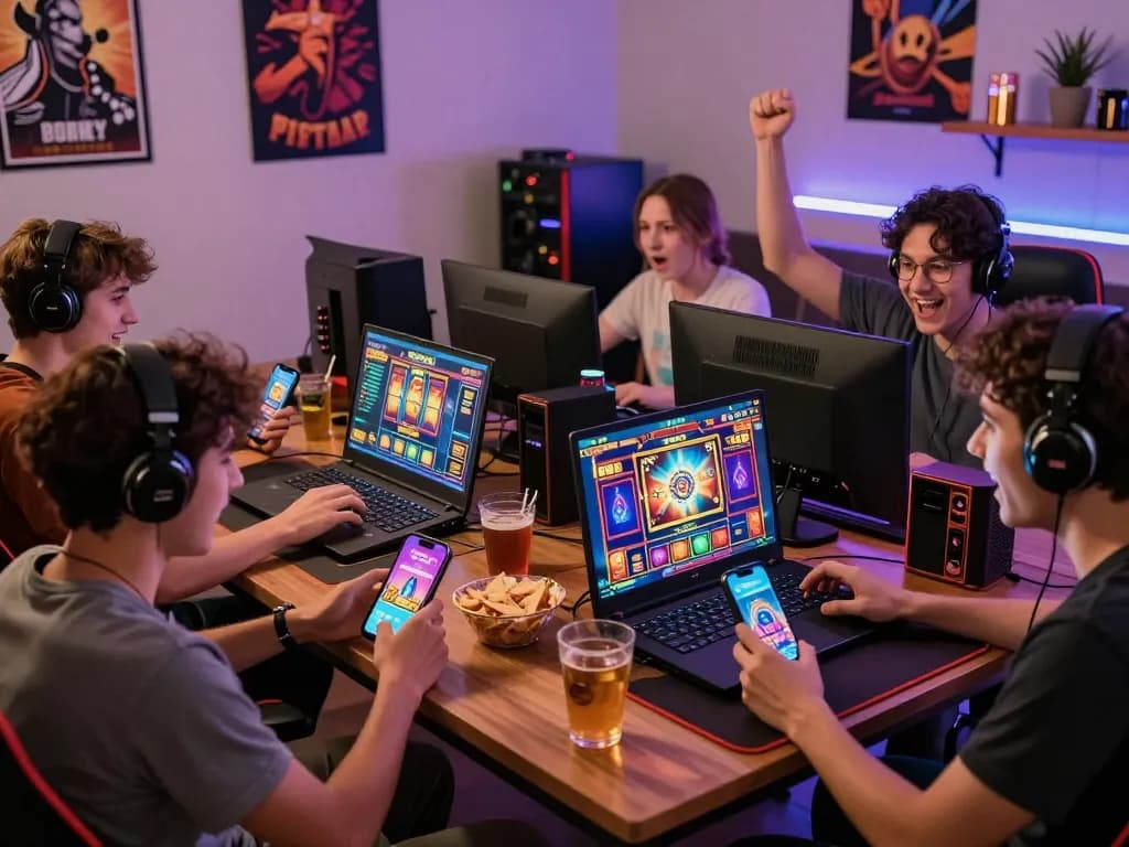 Engaging gaming atmosphere with players enjoying vegasslot77 slot games on devices.