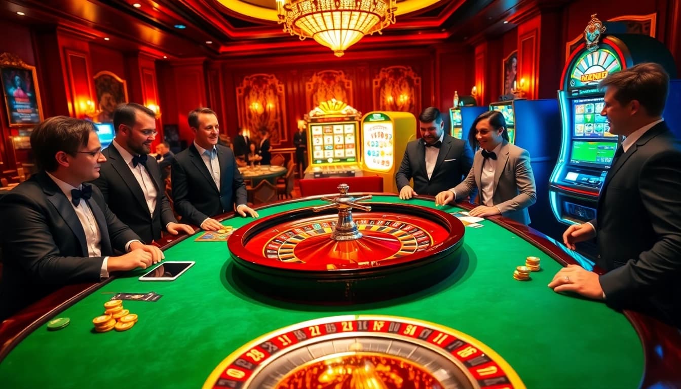 Party at a high-stakes casino with luxurious roulette table and competitive gamblers exploring Anchortext 1 strategies.