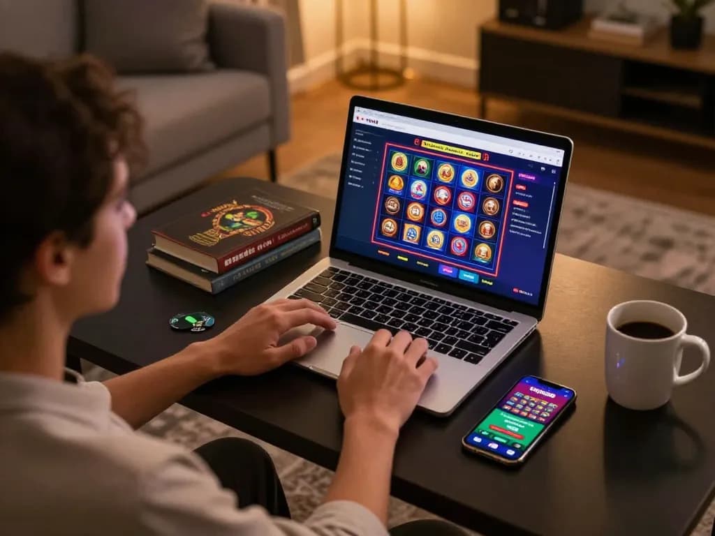 Engaging online gaming moment with user enjoying twiin68 on laptop and smartphone, reflecting responsible gambling.