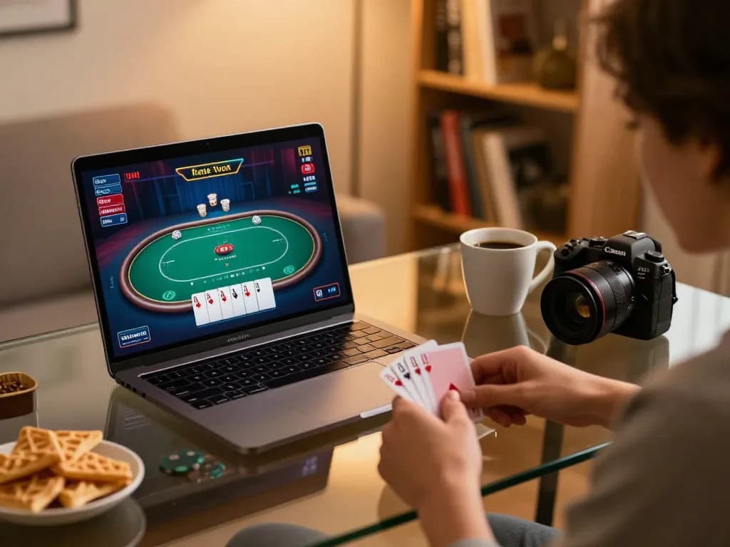 Player engaging in strategic online poker at 8k8 with cozy home setup and warm lighting.