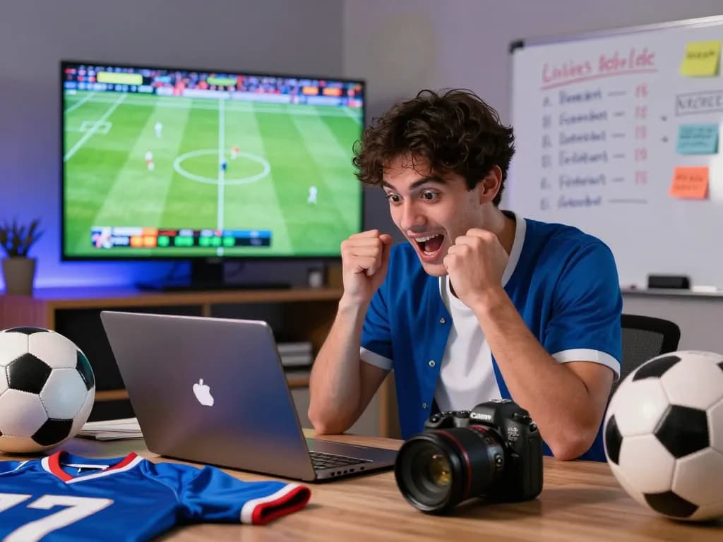 Exciting moment in sports betting featuring Kèo nhà cái analysis on laptop amidst sports gear and live match.