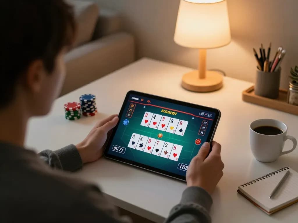 Engaging online poker gameplay on CM88, showcasing a tablet with cards and chips in a cozy home setting.