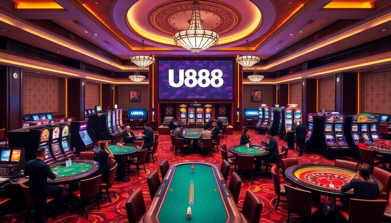Gambling action at U888 casino with players engaged at luxury tables and slot machines.