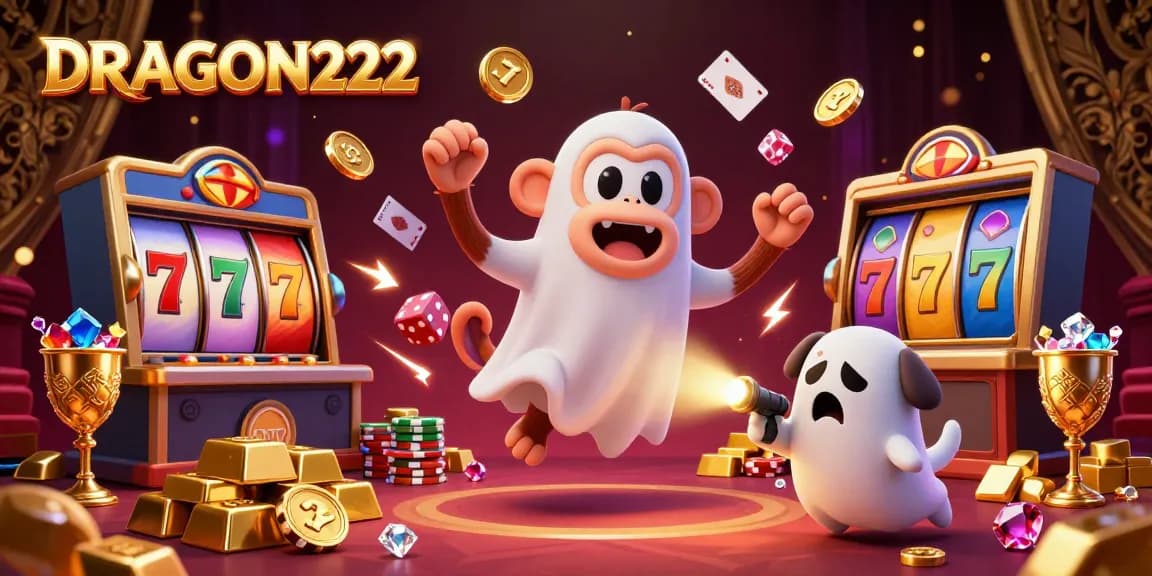 Engage with the magic of DRAGON222 as a mischievous monkey juggles winnings amidst vibrant casino elements.