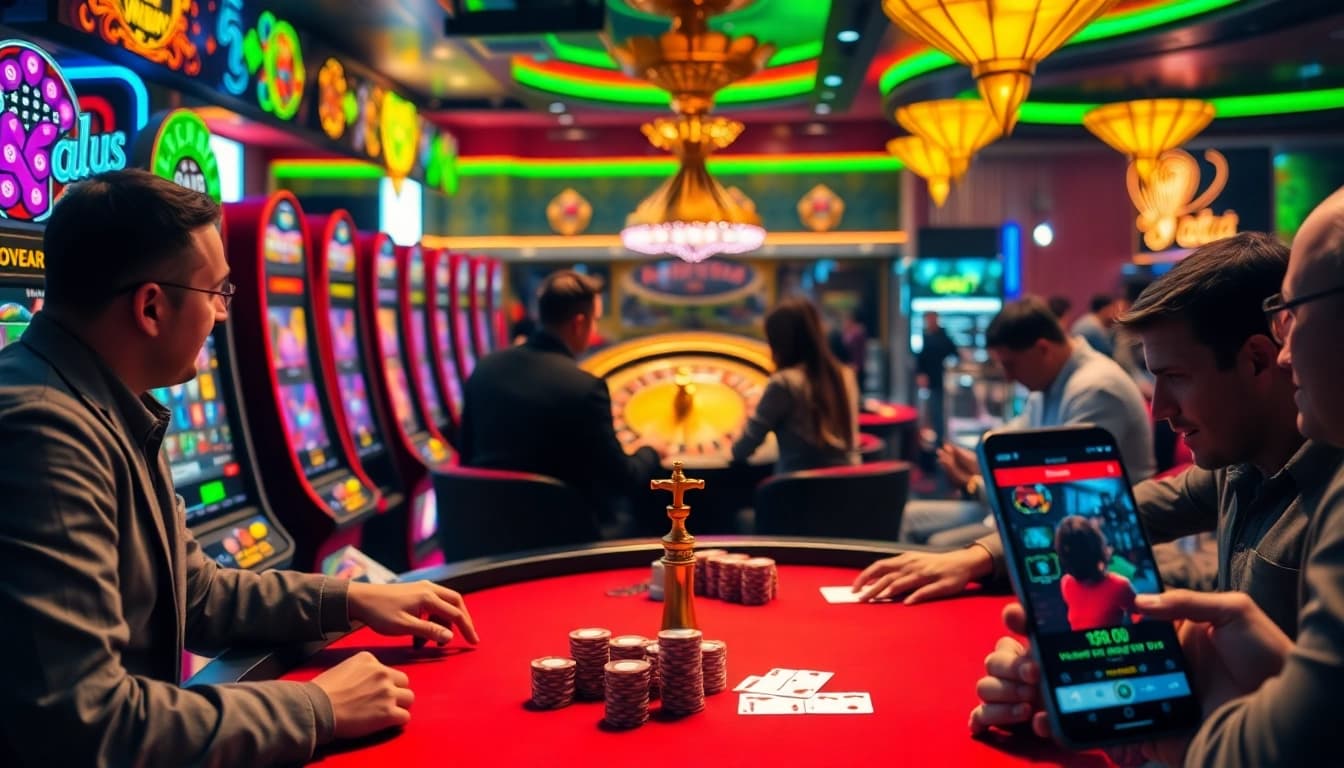 Players enjoy a high-stakes poker game at gori77 casino, showcasing vibrant gaming action.