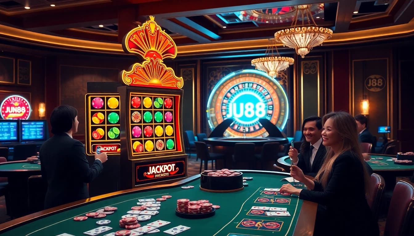Experience the excitement of JUN88's casino atmosphere featuring vibrant slot machines and energetic players.