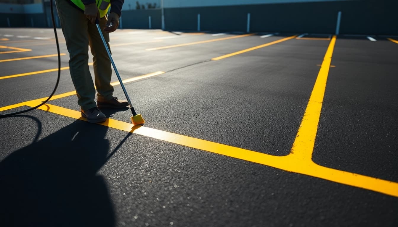 Parking lot line painting near me in action with a worker painting bright lines on asphalt.