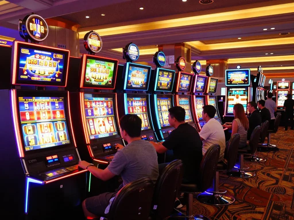 Exciting slot777 gameplay with players engaged in vibrant casino slot machines, showcasing dynamic action