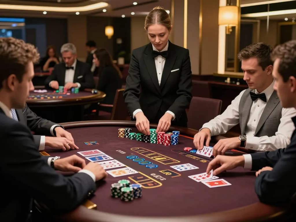 Experience high-stakes blackjack action at https://13win-asia.com/ with players engaged in strategy, luxury setting visible.