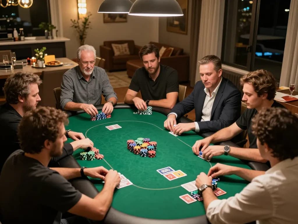 J188 players engaging in intense home poker game, showcasing chips and cards in a cozy setting.