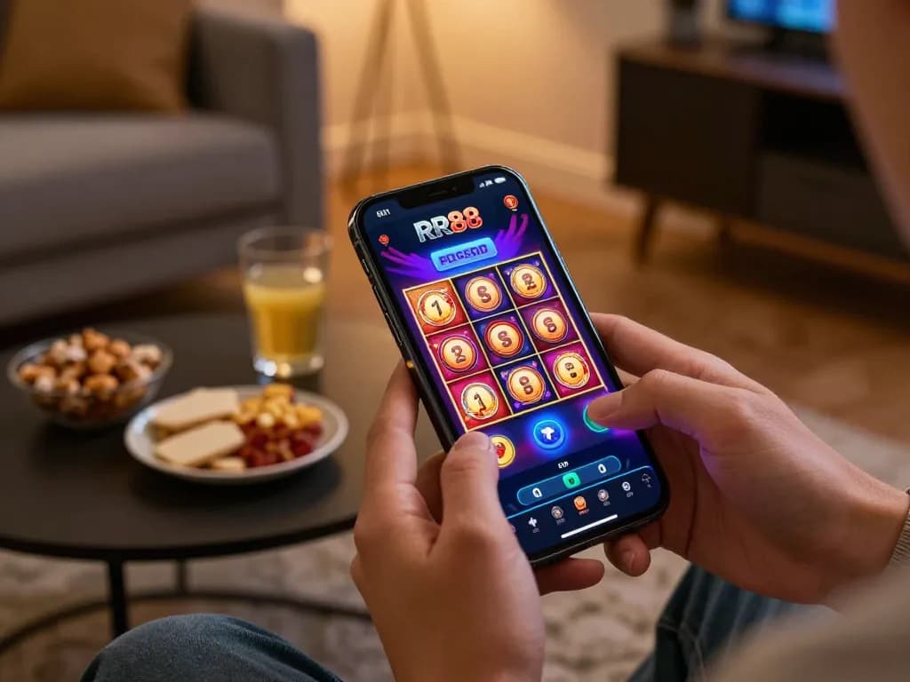 RR88 player enjoying exciting mobile slots experience at home with vibrant app interface.
