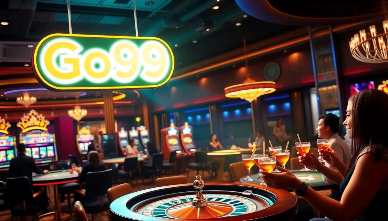 Exciting scene showcasing Go99 at a vibrant casino with players celebrating wins.