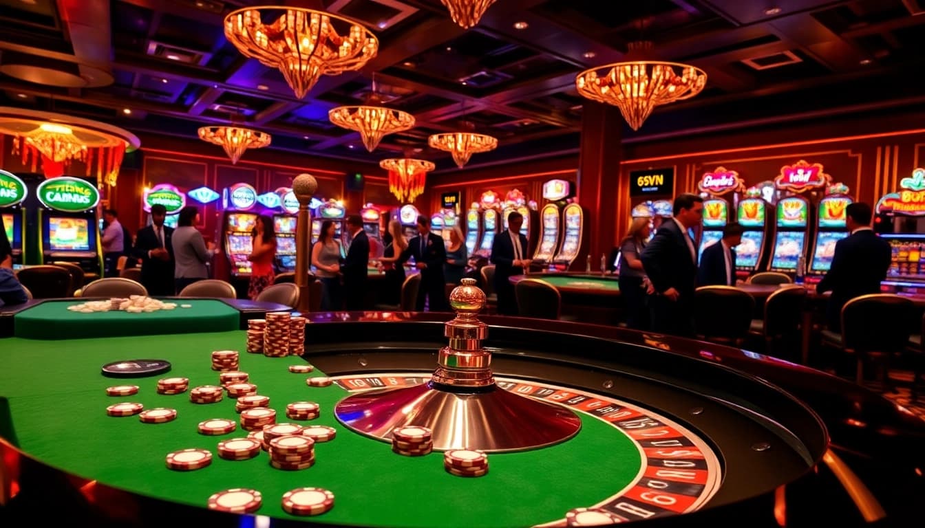 Experience the thrill of 69VN with vibrant casino action around a roulette table in an upscale atmosphere.