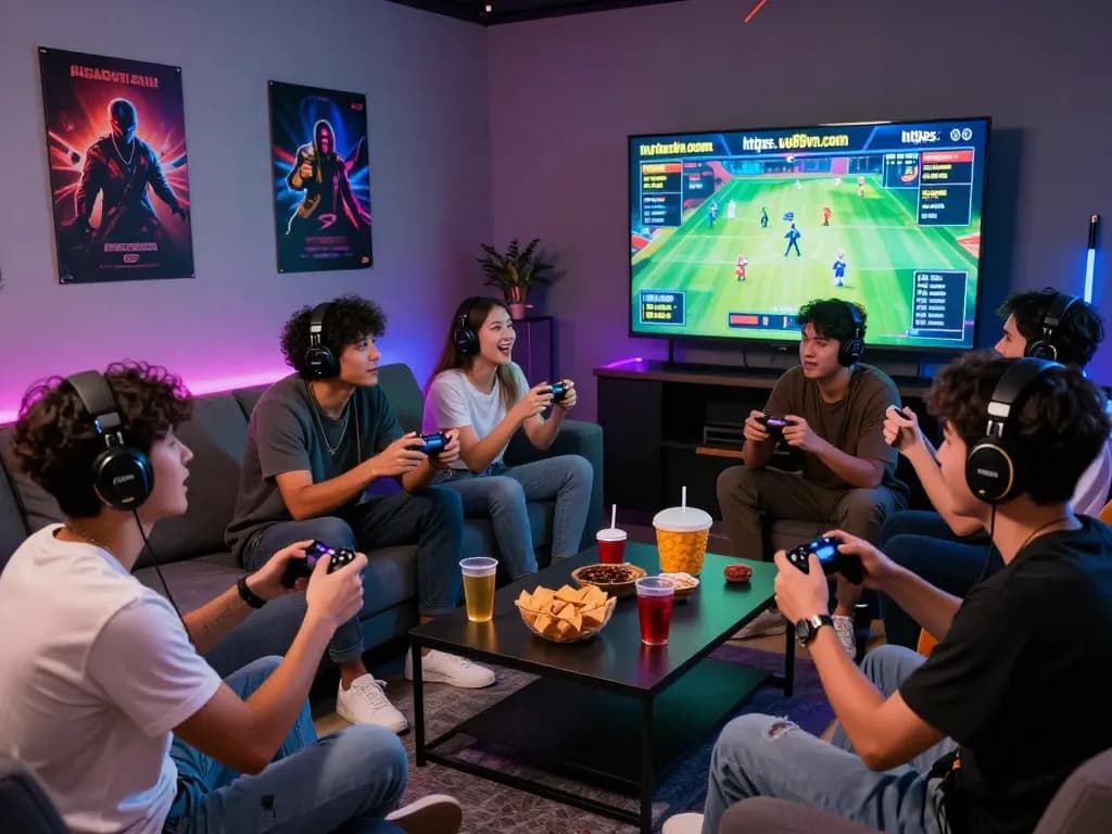 Group of friends enjoying an online gaming session at https://uu88vn.com/ in a lively lounge with betting screens and snacks.