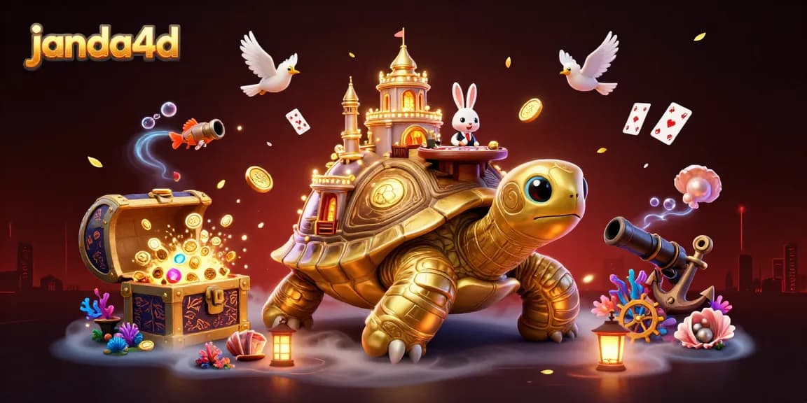 JANDA4D menampilkan aksi permainan kasino yang seru di bawah tortoise emas raksasa.