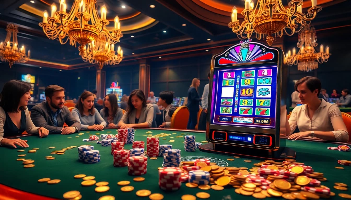 Rasakan sensasi slot deposit 1000 dengan visual kasino yang hidup, menampilkan pemain yang terlibat dan mesin slot.
