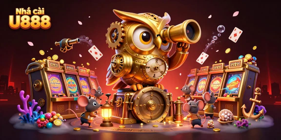 Capture the excitement at Nhà cái U888 with a dazzling casino scene showcasing a golden owl and lively mouse patrons amidst vibrant gaming elements.