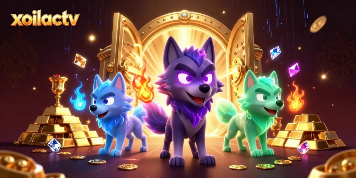 Engage in thrilling gameplay with xoilactv's vibrant casino illustration featuring mystical wolves and treasures.