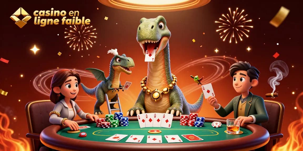 Gagnez en jouant à un casino en ligne fiable, une illustration dynamique de brontosaurus au-dessus d'une table de poker.