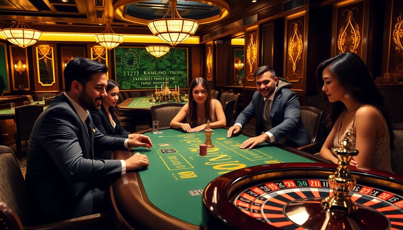 Players winning at a KJC-branded poker table in a luxurious casino.