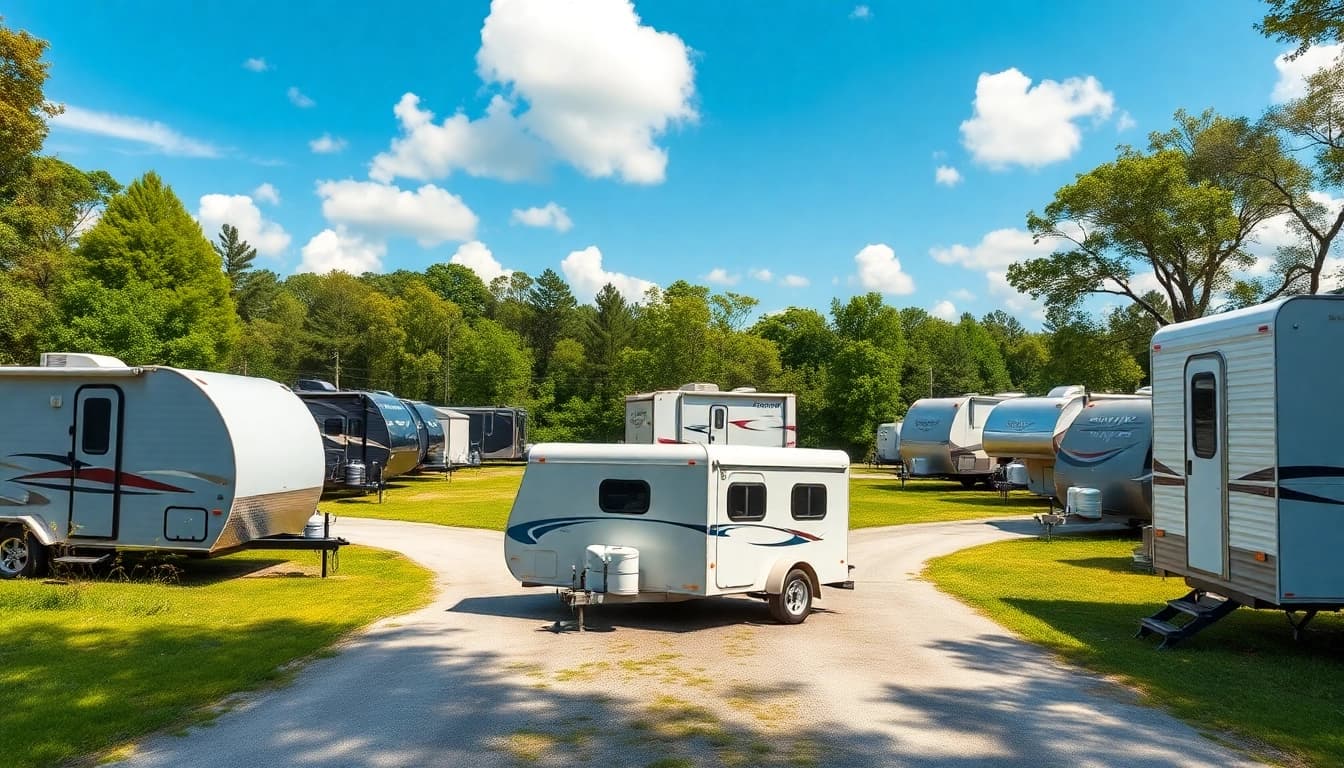 Showcasing various trailer rentals in Hudson FL against a scenic backdrop, highlighting options for customers.