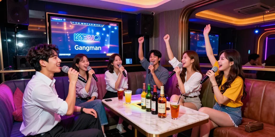 강남 가라오케에서 친구들과 즐거운 노래 시간을 보내는 장면, 화려한 조명과 고급 음향 시스템이 어우러져 있습니다.
