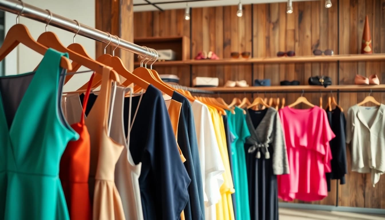 Showcase of vibrant women clothing assortment in a chic boutique setting
