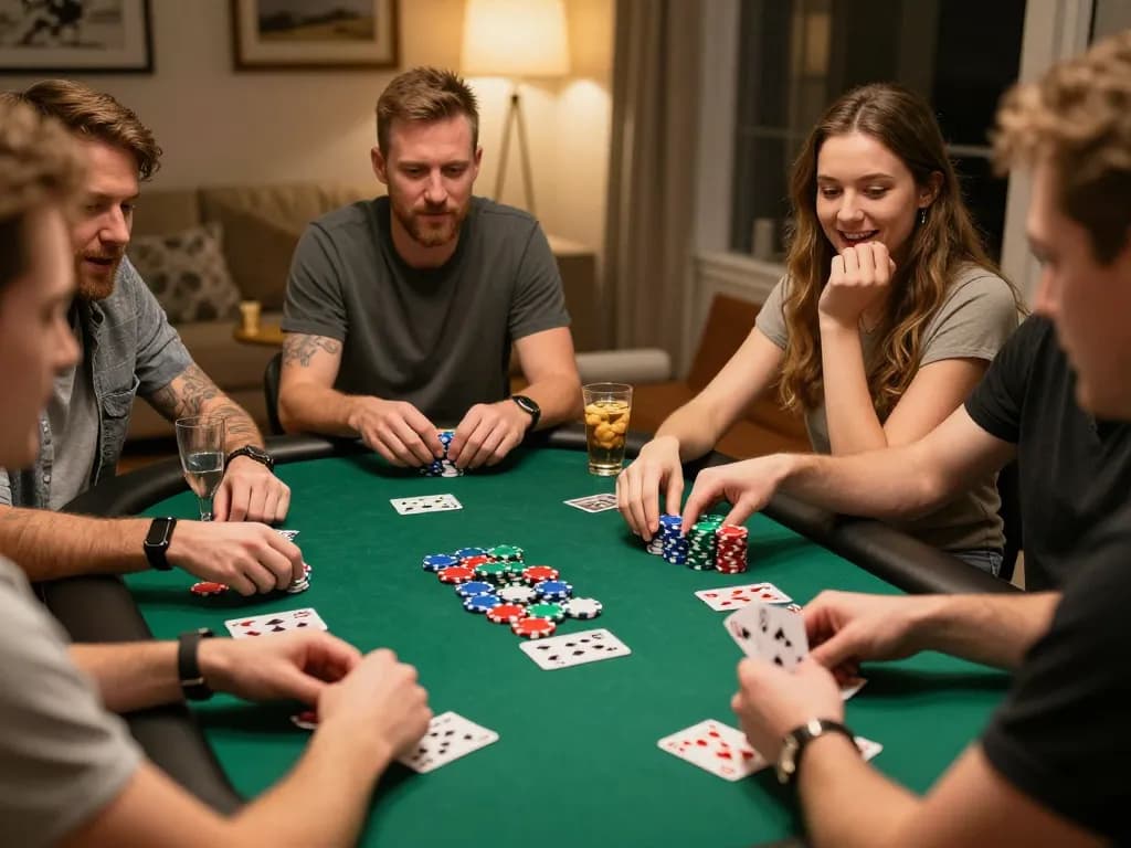 W188 players enjoying a friendly poker game with vibrant chips and warm lighting, capturing the thrill of gameplay.