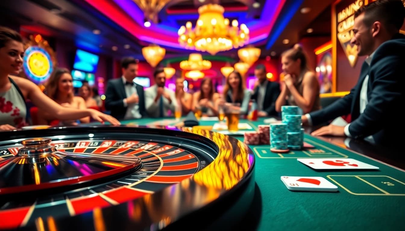Menggambarkan pengalaman casino online yang menarik dengan pemain bersemangat di meja roulette.