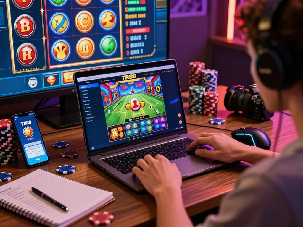 Exciting TR88 casino gaming environment showcasing user engaging with online betting, surrounded by vibrant game elements and devices.