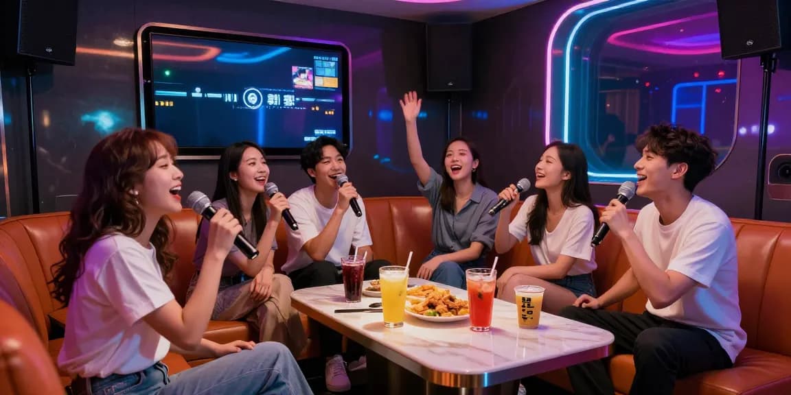 강남 가라오케에서 친구들과 함께 노래하고 있는 화려한 분위기의 모습