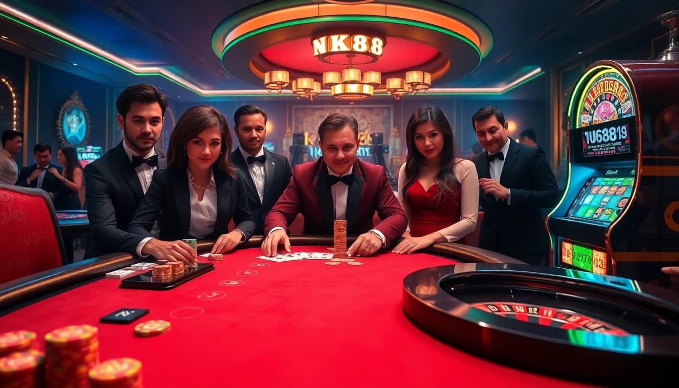 Players engaged in a high-stakes poker game at an NK88 casino table, capturing the thrill of gambling.