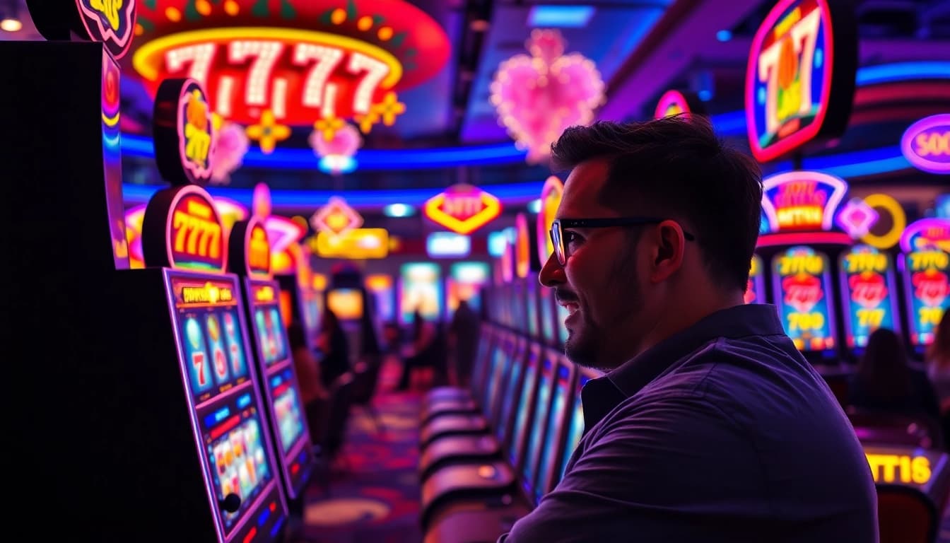 Mainkan slot 777 dengan suasana kasino yang cerah dan penuh semangat.