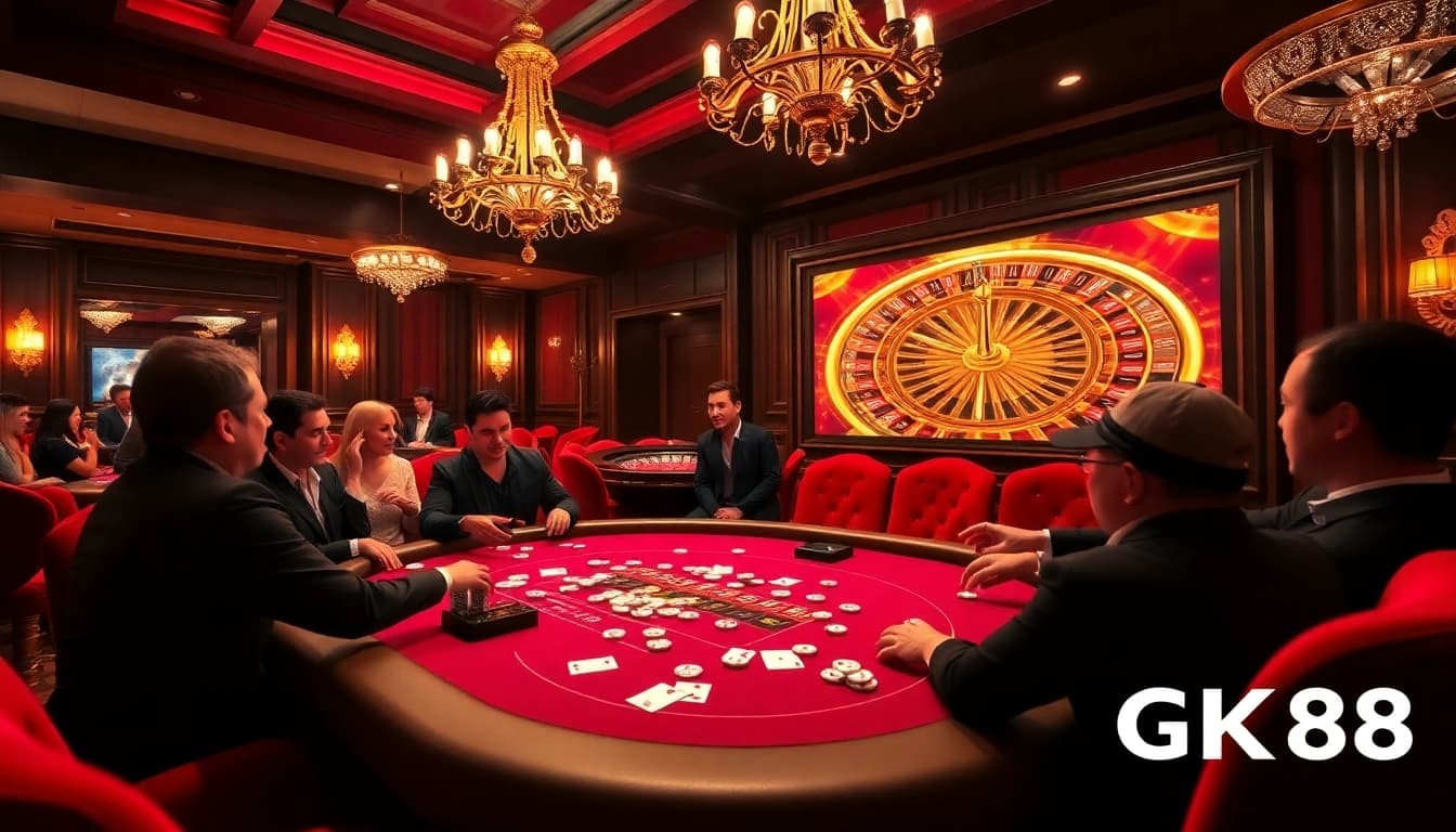 Experience the thrill of Gk88 at a vibrant casino poker table with excited players and luxury design.