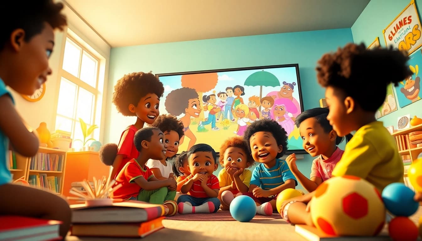 A vibrant scene of children engaging with African American Cartoons, emphasizing creativity and cultural diversity.