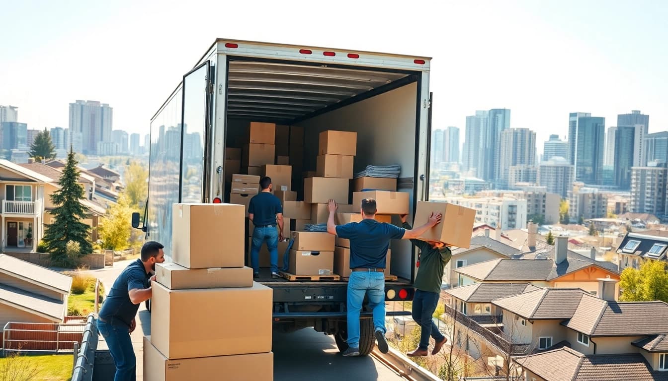 Calgary movers packing a truck, showcasing efficiency and teamwork in an urban setting.
