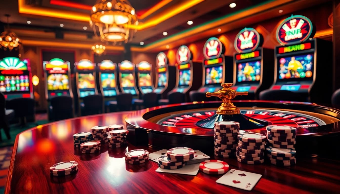 KJC Football-themed casino scene showcasing engaging roulette table and poker chips for gambling excitement.