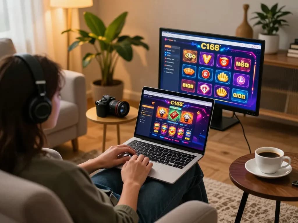 C168 online gaming experience with dynamic interface on laptop, cozy home setting.