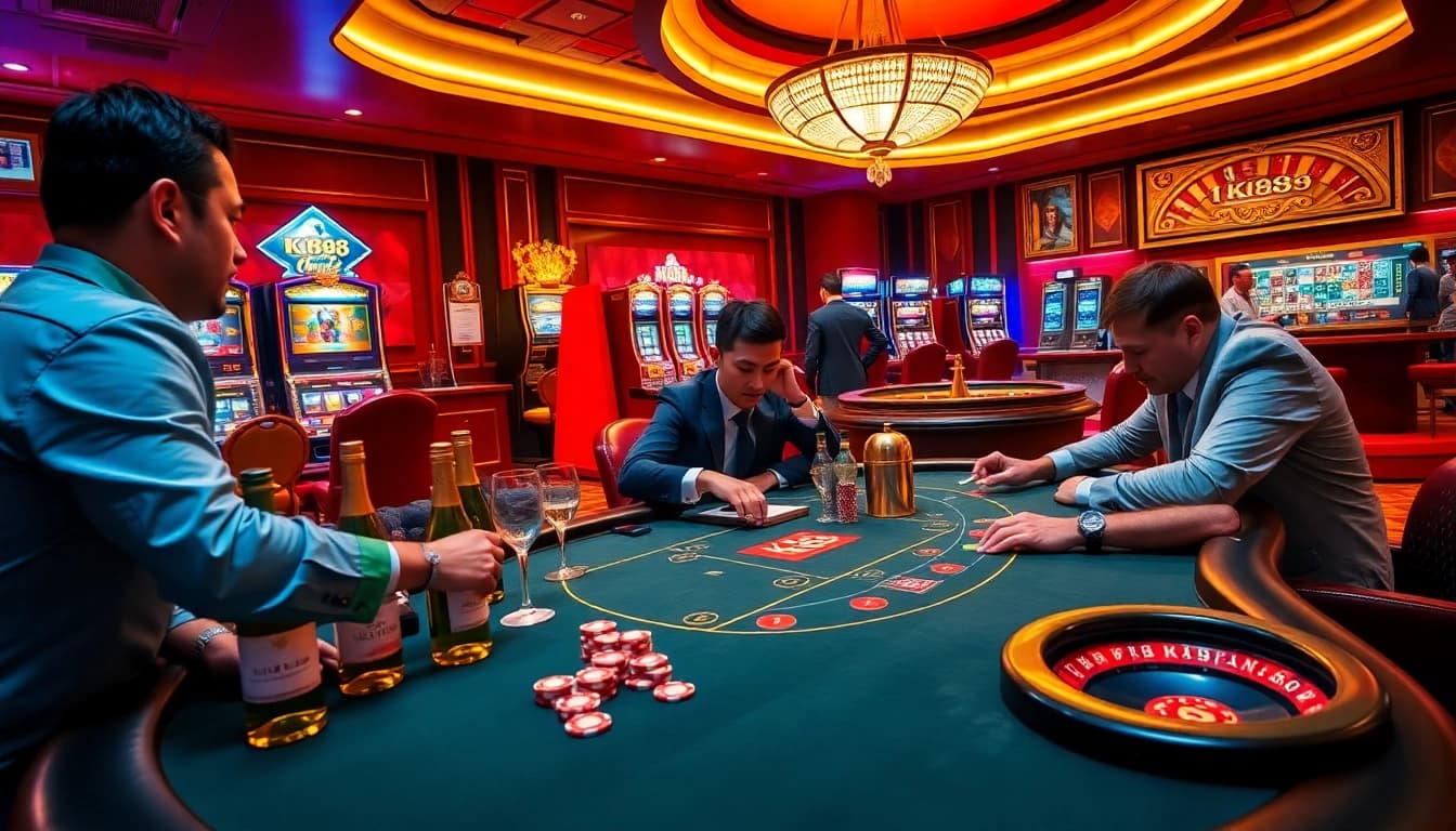 Experience the thrill of KP88 casino with vibrant slot machines and an exciting poker table.