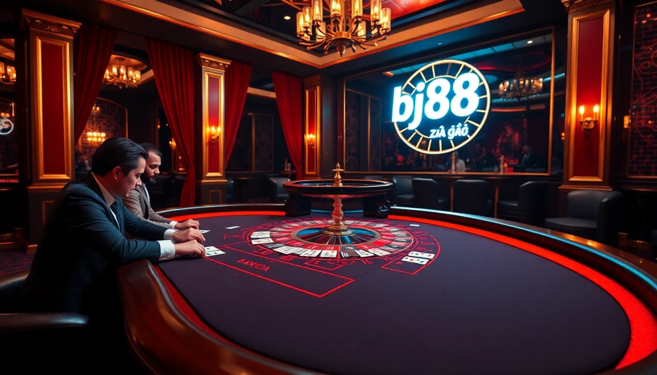 Engaged players enjoying bj88 đá gà at a luxurious casino table showcasing high-stakes excitement.