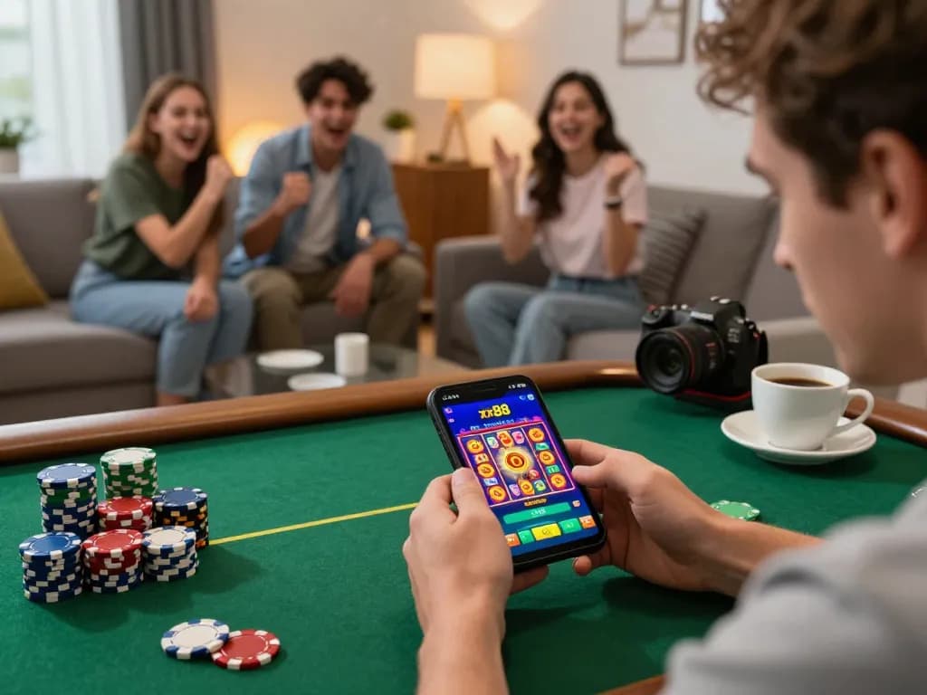 Player enjoying xx88 online gambling experience on smartphone in a cozy living room.