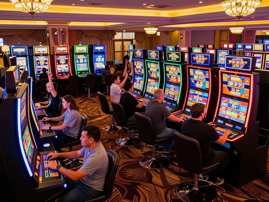 Players enjoying engaging slot77 machines with vibrant displays in a lively casino atmosphere.
