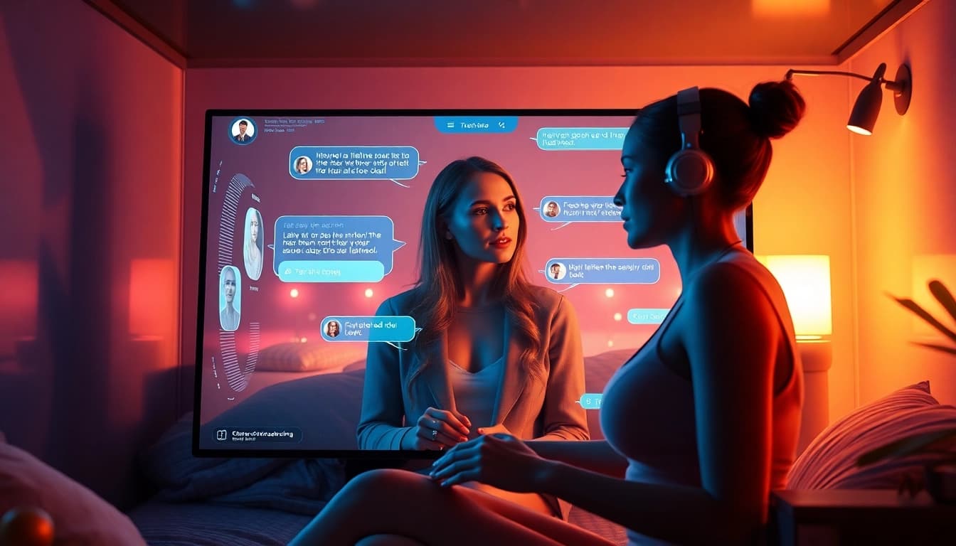 Engaging ai sex chat interaction in a cozy virtual environment with an AI character.